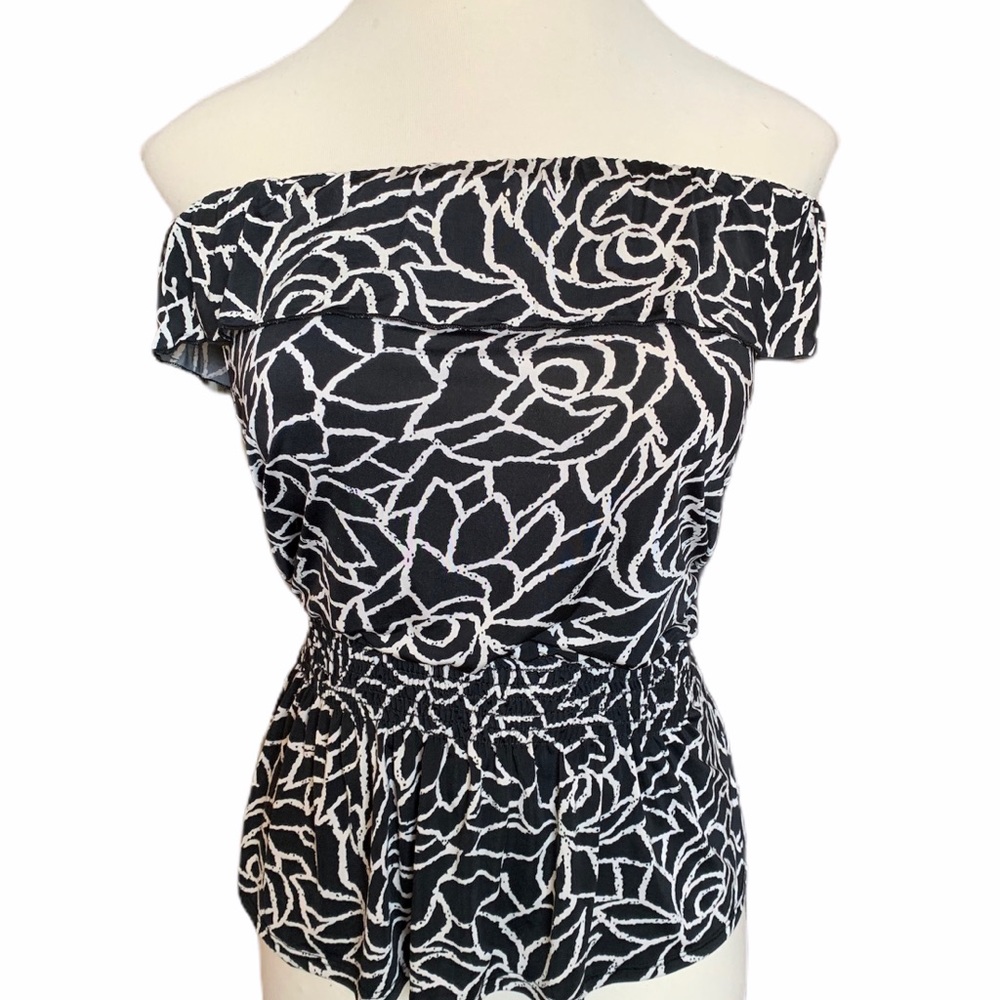 Blue Sketch Black and White Floral Tube Top